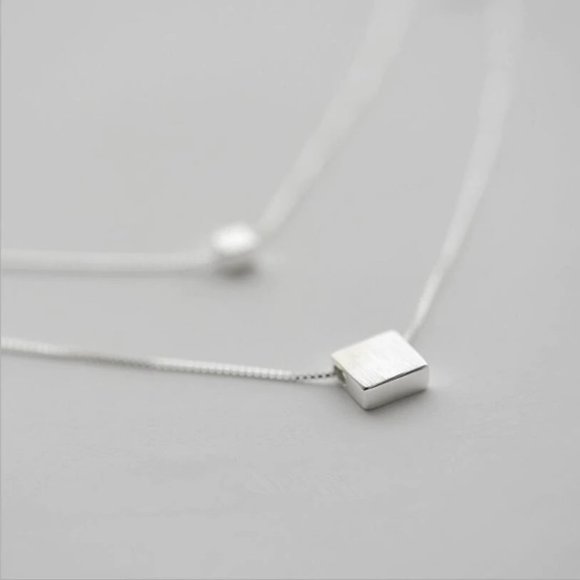 925 Sterling Silver Double Layer Square Necklace - Picture 1 of 7